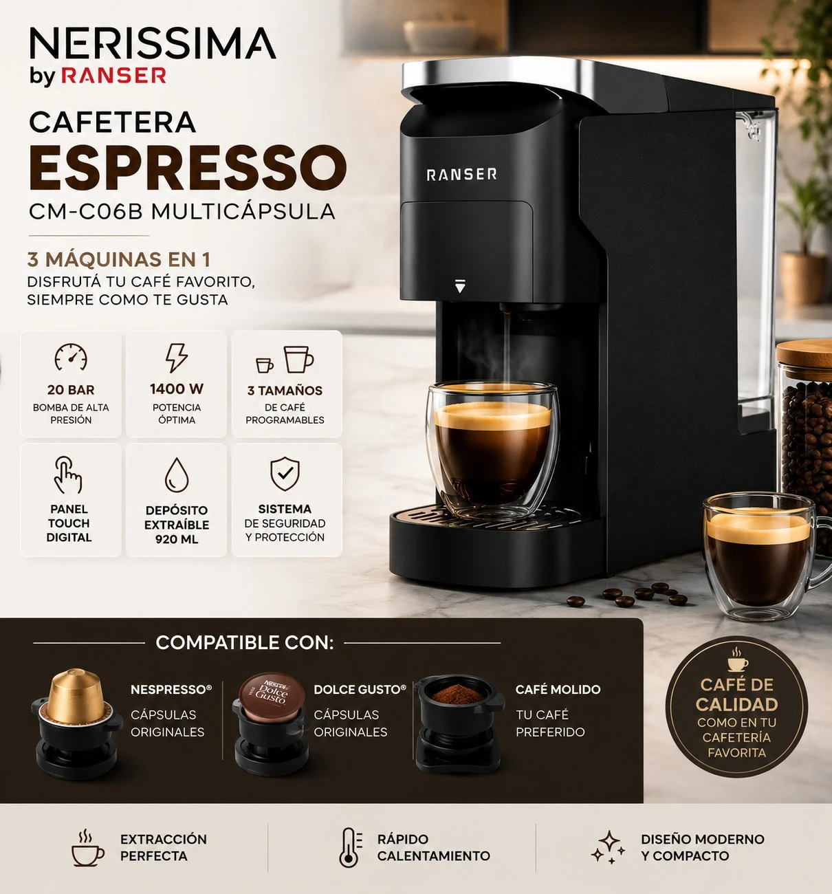 CAFETERA ESPRESSO NERISSIMA RANSER CM-C06B MULTICÁPSULA ‼️SOLO POR PEDIDOS ‼️ 