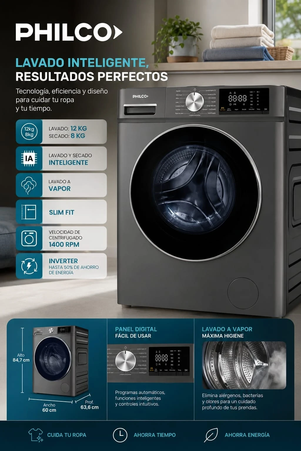 Lavasecarropas Philco 12/8
