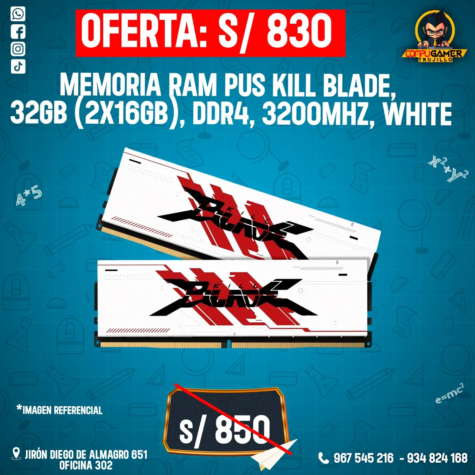 MEMORIA RAM PUS KILL BLADE, 32GB (2x16gb), DDR4, 3200MHZ, WHITE 