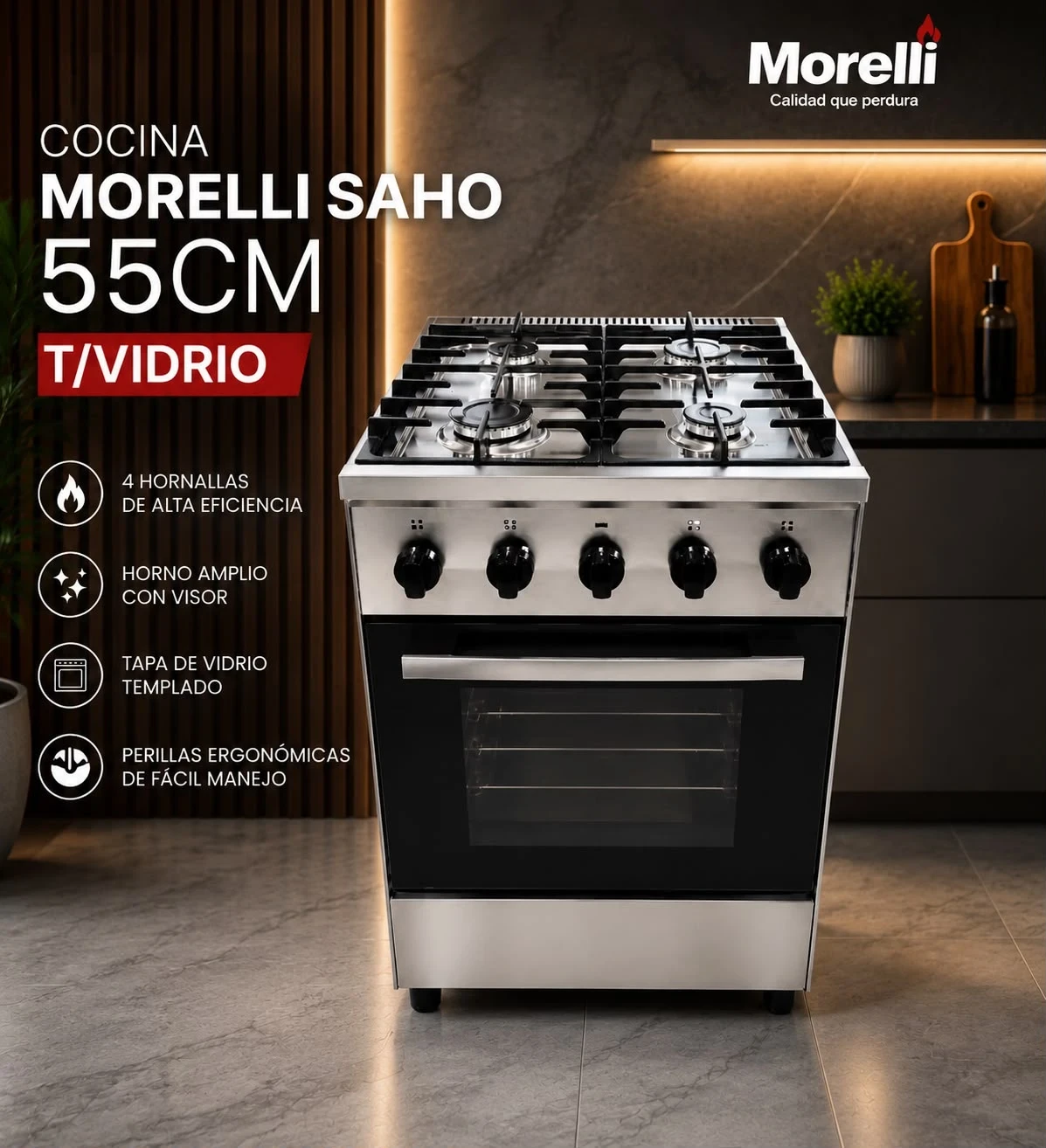 Cocina Morelli Saho Kuma 55Cm 4 Hornallas T/Vidrio ‼️SOLO POR PEDIDOS ‼️ 