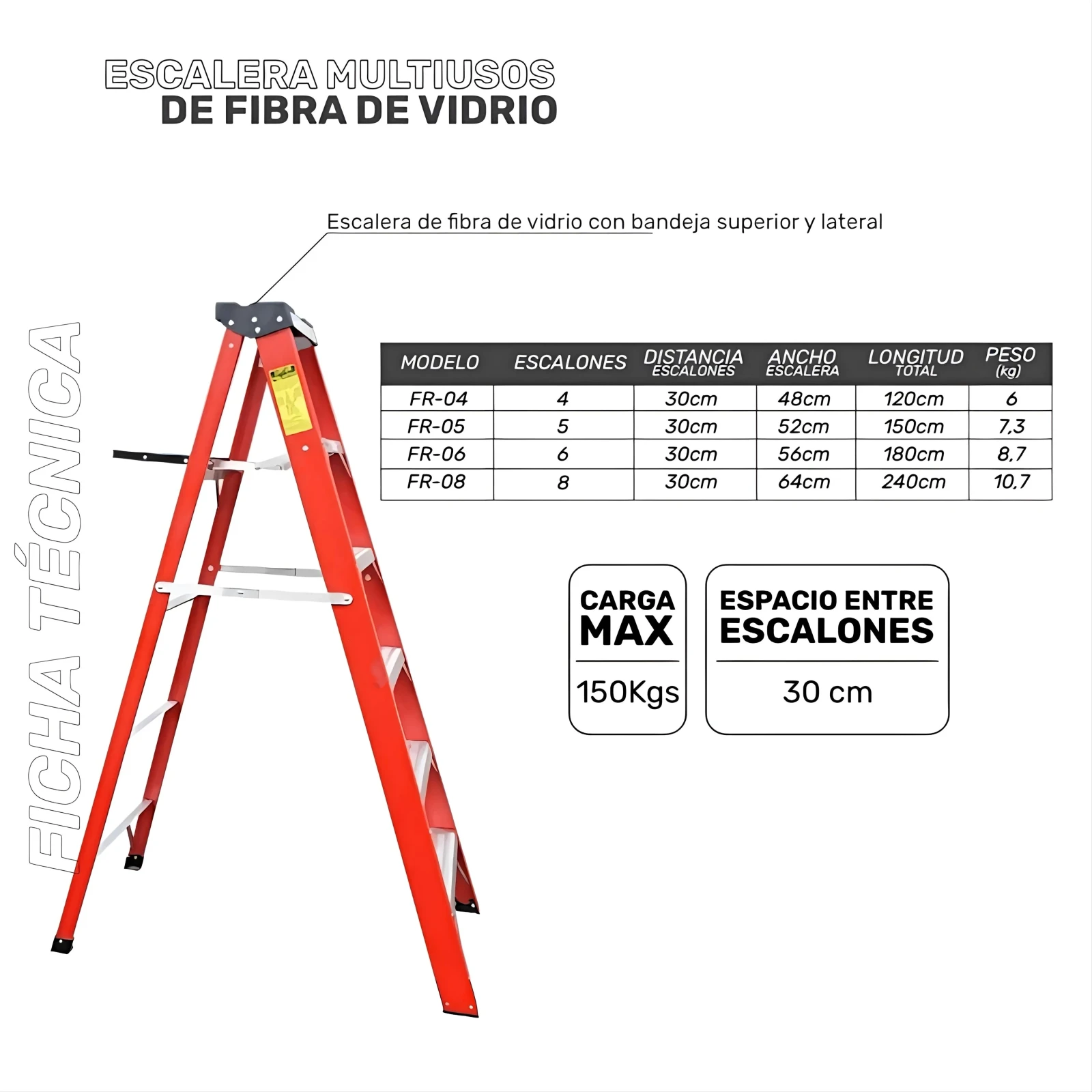 ESCALERA FIBRA VIDRIO TIPO TIJERA C/BANDEJA
