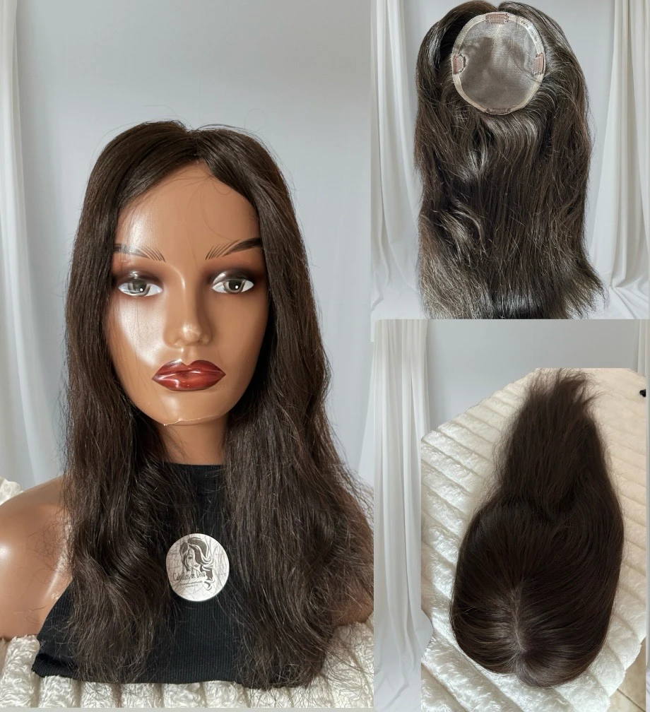 Topper de cabello humano, castaño medio 16 pulgadas 