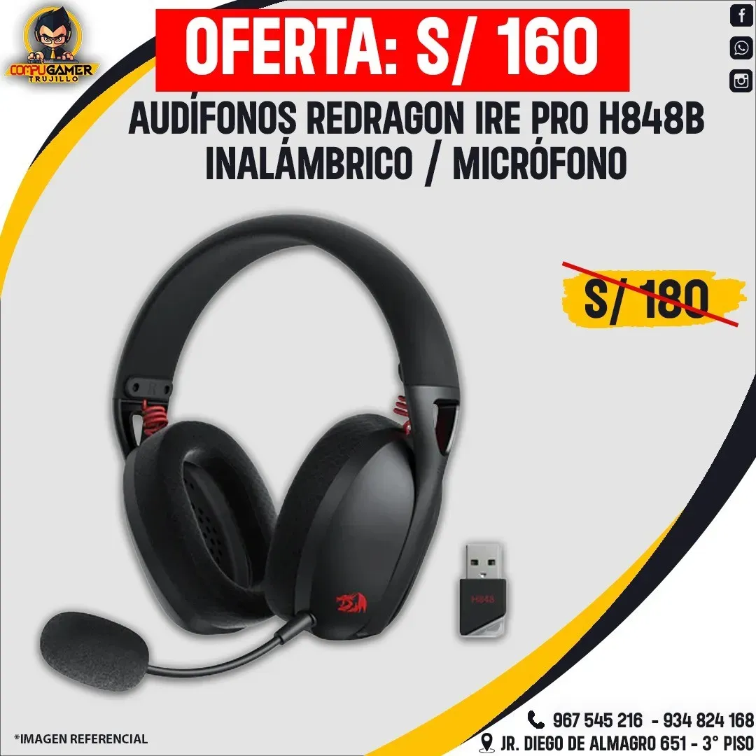 AUDÍFONO INALÁMBRICO GAMER REDRAGON IRE PRO H848 BLACK