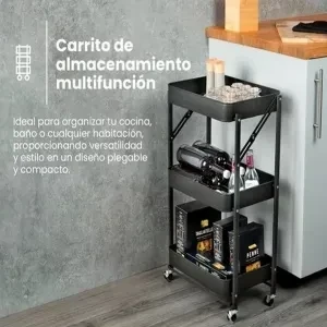 Carro Organizador Metálico Plegable 3 Estantes Con Ruedas (Negro)