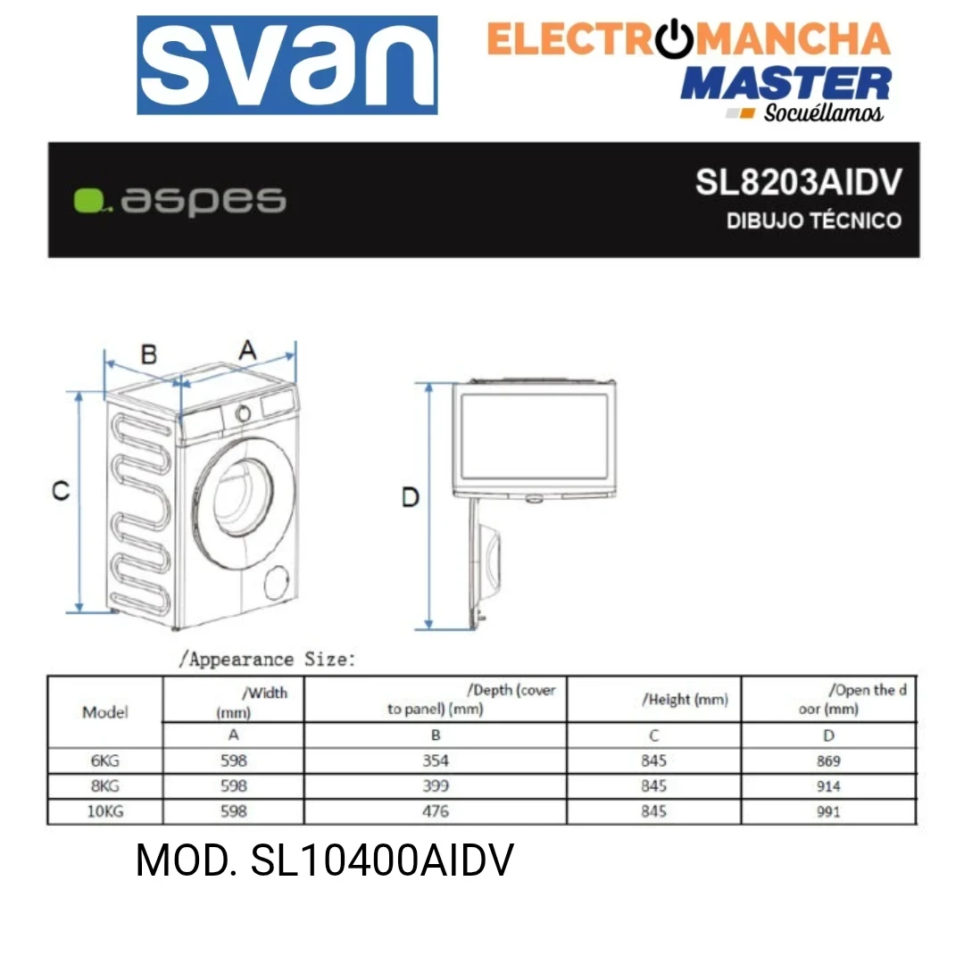 LAVADORA SVAN SL10400AIDV 10 KG. 1400 RPM. A 6