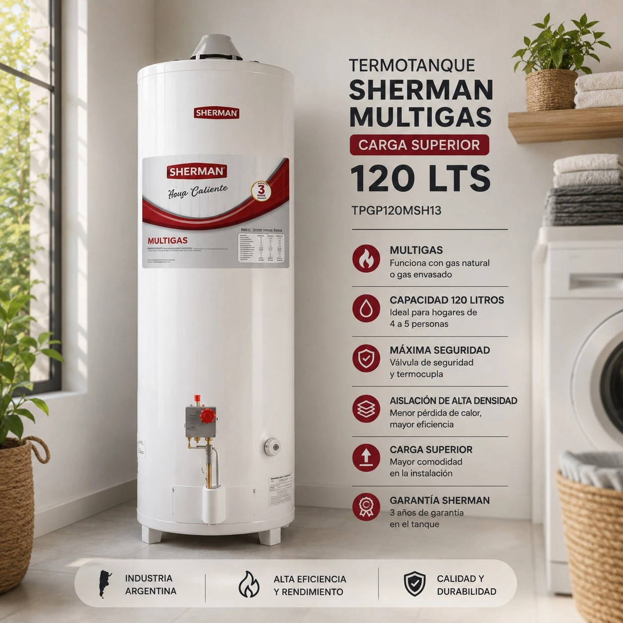 TERMOTANQUE SHERMAN MULTIGAS 120 LTS – CARGA SUPERIOR  TPGP120MSH13