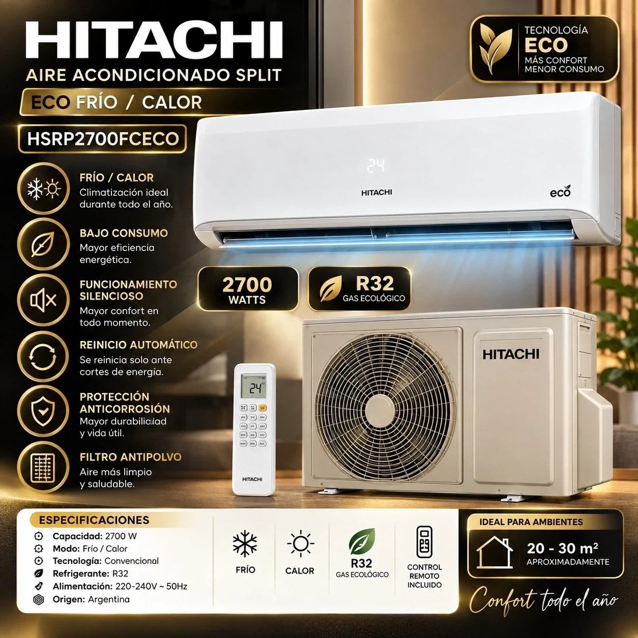 AIRE ACONDICIONADO HITACHI SPLIT ECO FRIO/CALOR 2700W *CONSULTA DISPONIBILIDAD CON EL VENDEDOR* 