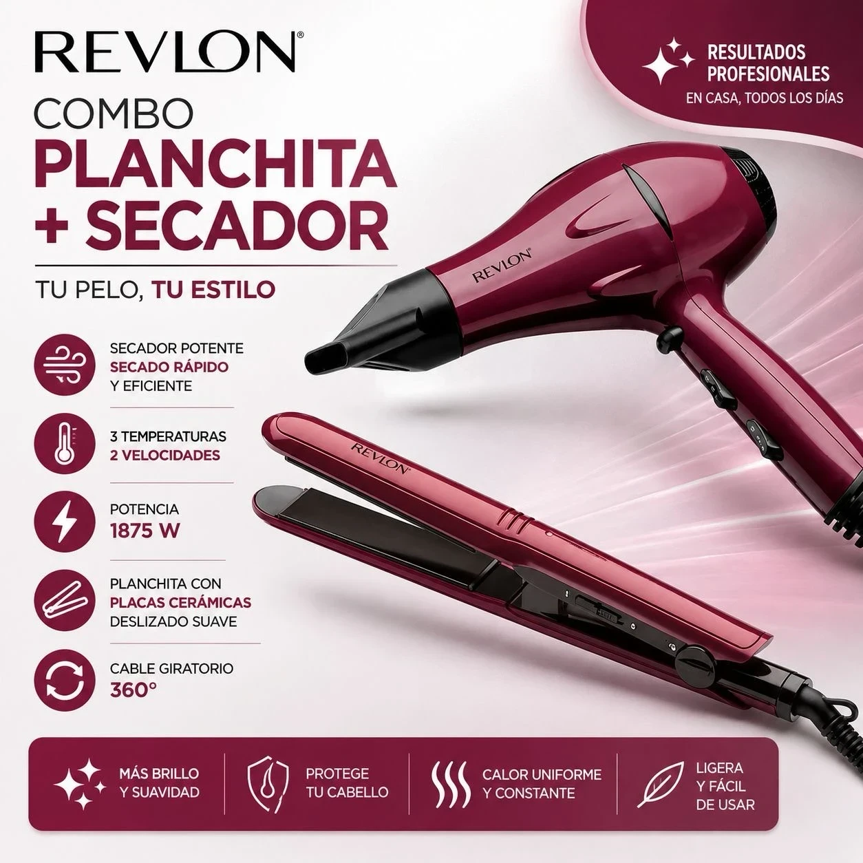 COMBO REVLON SECADOR + PLANCHITA DE PELO 