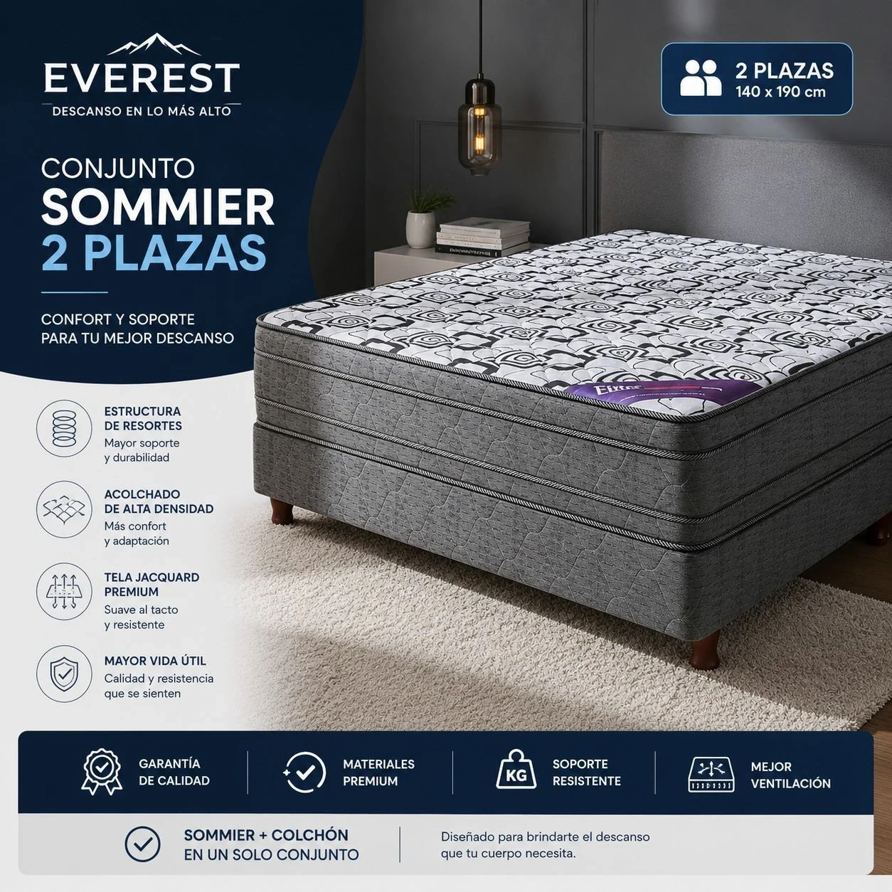 SOMMIER EVEREST, ESPUMA ALTA DENSIDAD