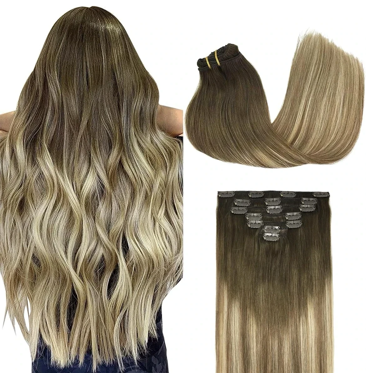 Extensiones de cabello humano real con pinzas, extensiones de cabello humano Remy para mujer, cabello humano natural, 16 pulgadas, 120 gramos,  7 unidades, 3/8/613 balayage, marrón nogal a marrón