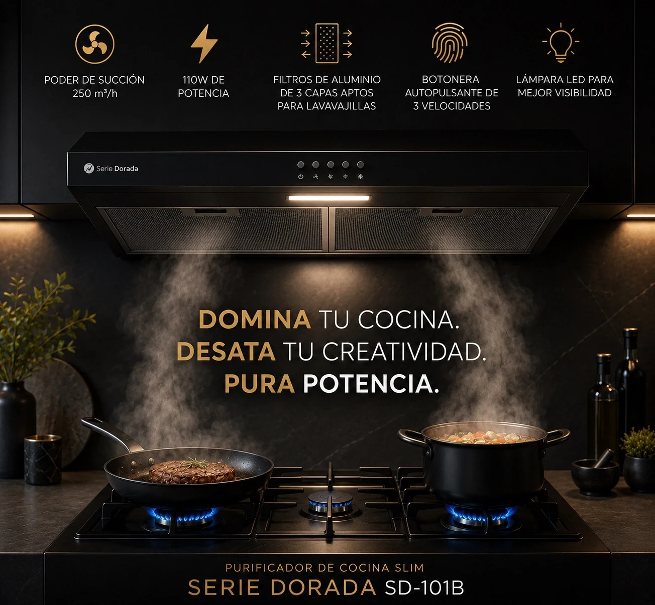 PURIFICADOR EXTRACTOR SERIE DORADA 60CM NEGRO C/SALIDA