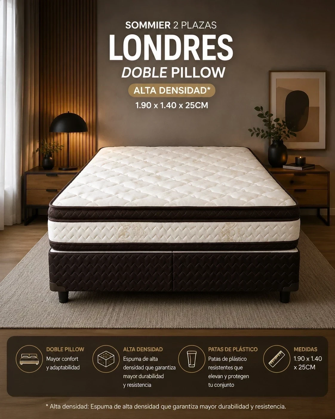 SOMMIER 2 PLAZAS LONDRES DOBLE PILLOW ALTA DENSIDAD