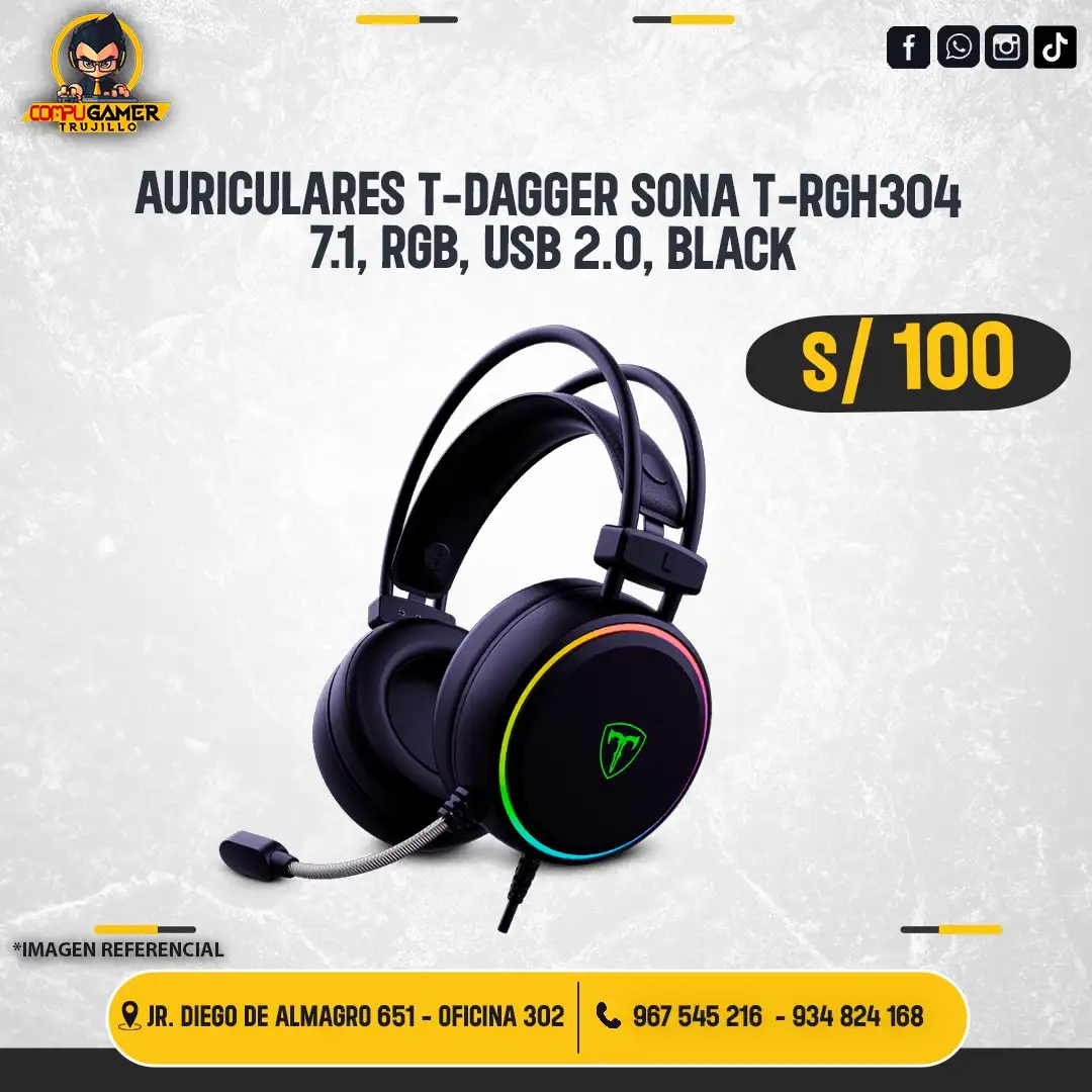 AUDÍFONO GAMER CON MICRÓFONO T-DAGGER SONA T-RGH304 7.1 BLACK