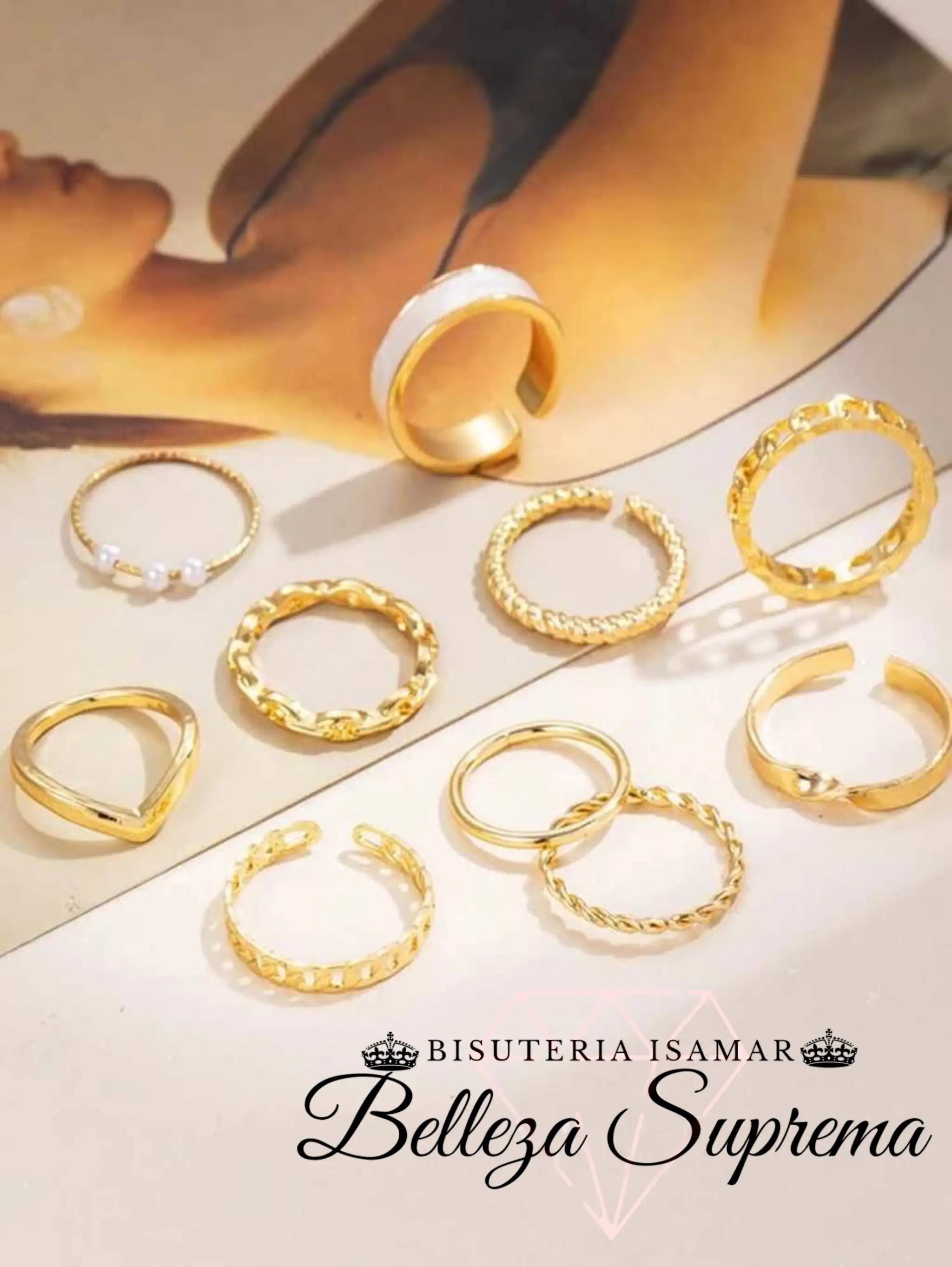 SET DE ANILLOS DORADOS CADENA CUERDA PERLAS 10 2