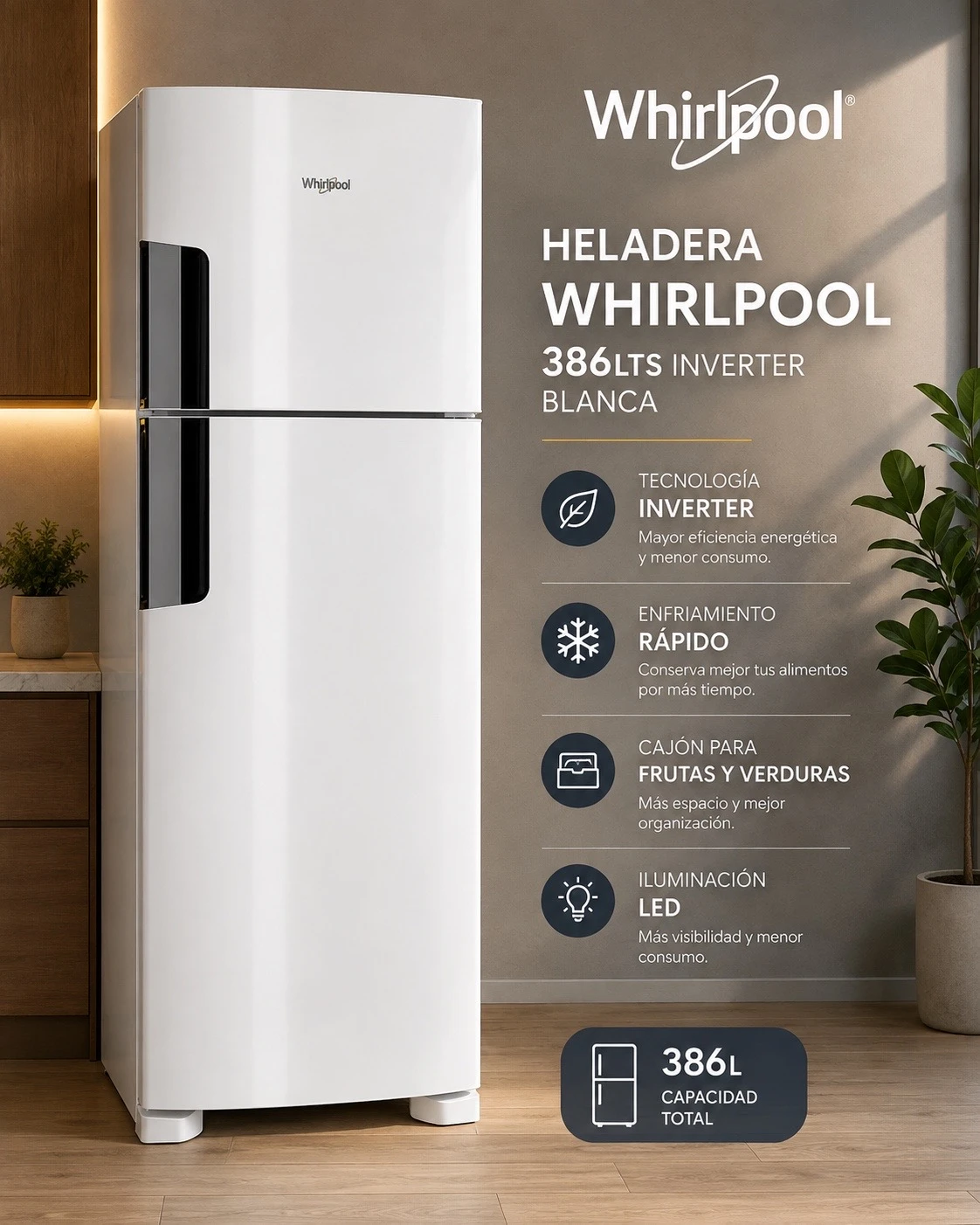 HELADERA WHIRLPOOL INVERTER 386Lts. NO FROST ‼️SOLO POR PEDIDO‼️