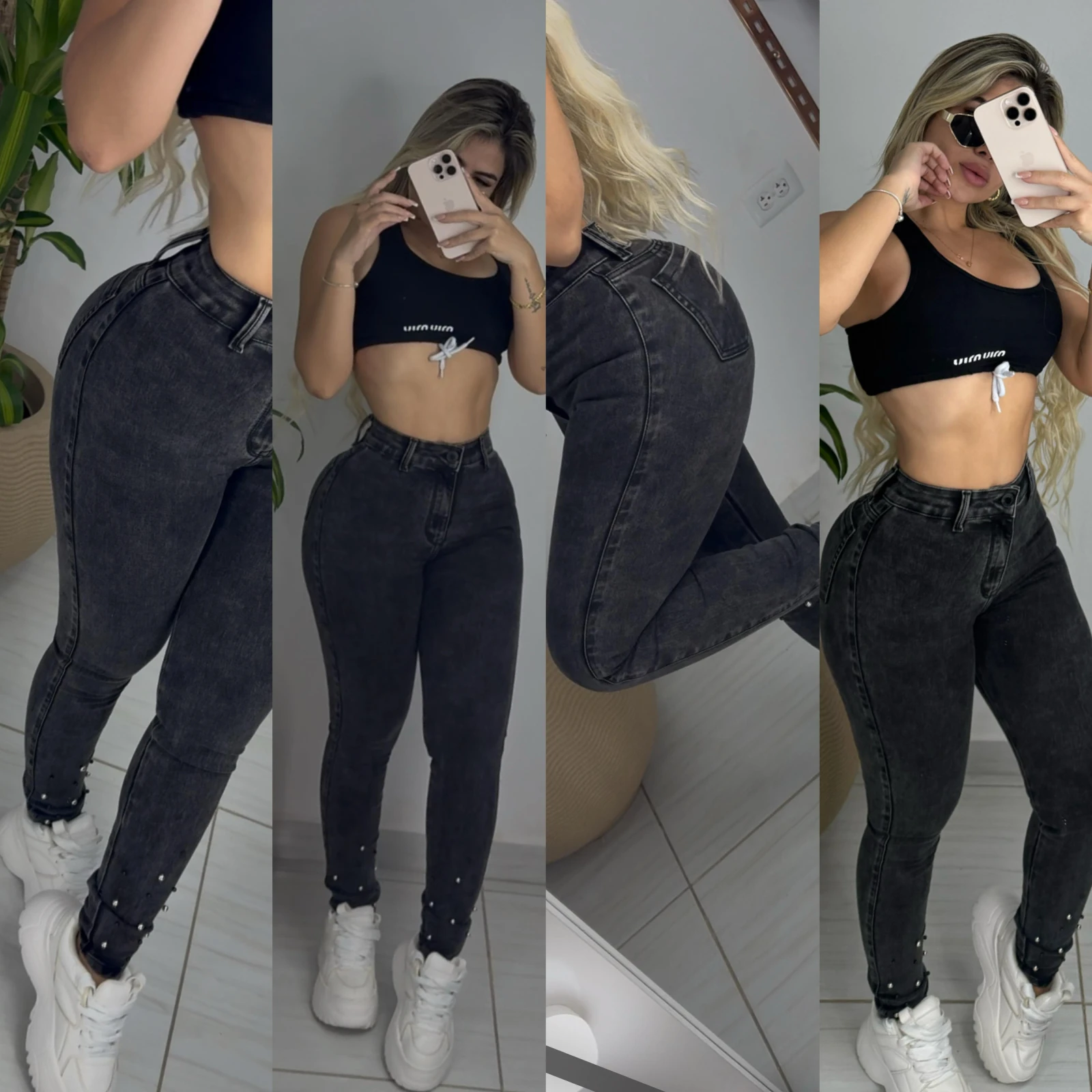 Jeans Gris Pedreria En La Bota