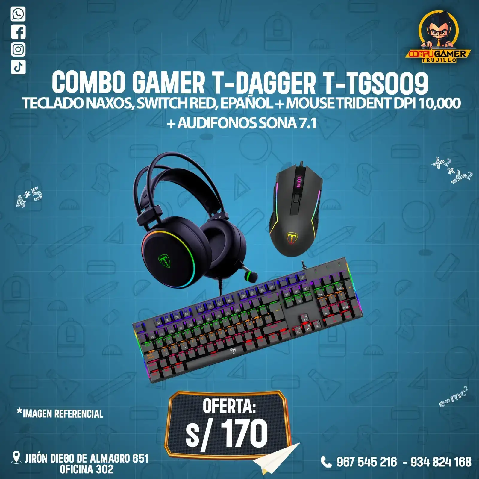 COMBO GAMER T-DAGGER T-TGS009, TECLADO + MOUSE + AUDÍFONOS BLACK