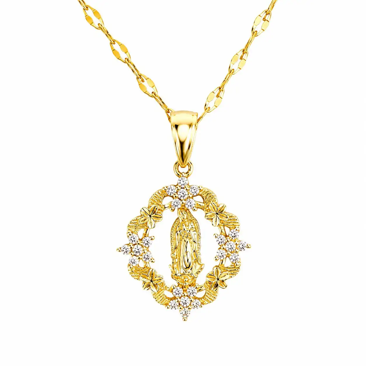Cadena Y Dije En Acero Con Piedra Circon De Virgen Flores Blancas