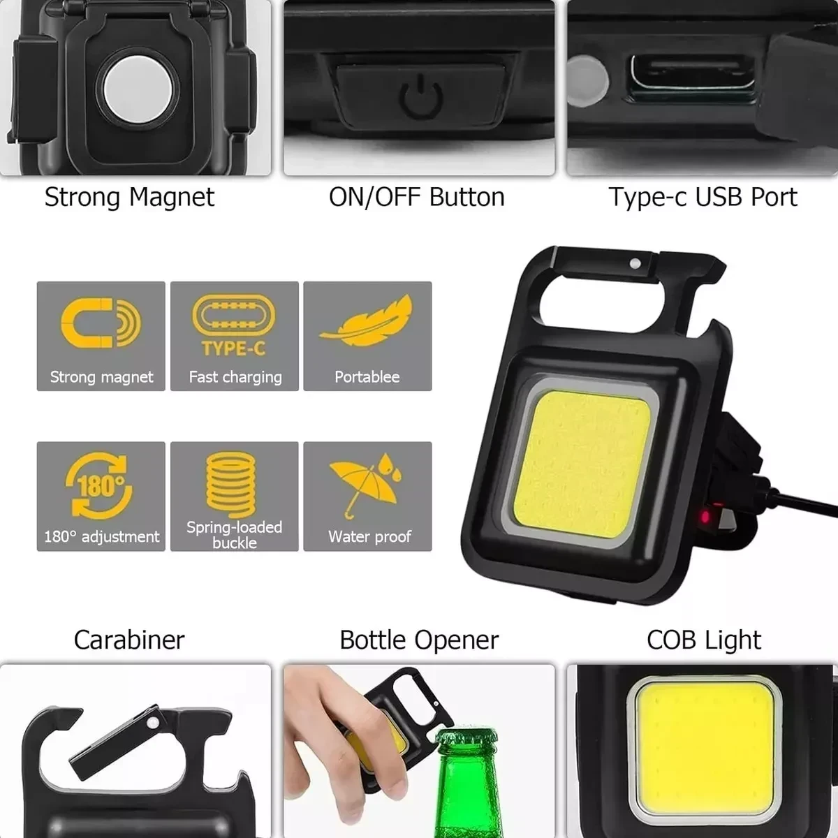 Pack X2 Linternas Llavero Led Cob Gancho Iman Recargable 3