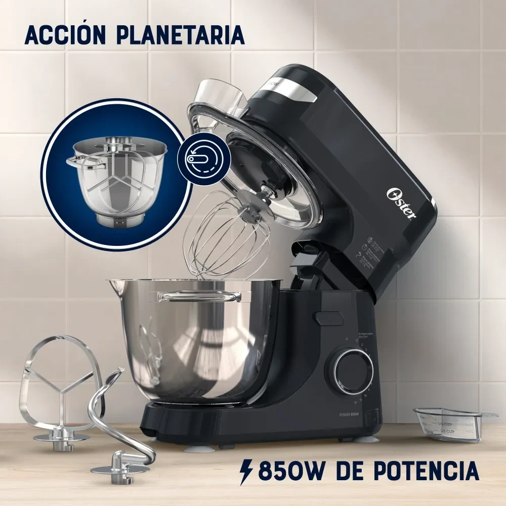 Oster® Batidora Planetaria, 12 velocidades, Tazón de Acero Inoxidable, Capacidad de 4 lt, Incluye 4 Accesorios, 850 W, Negro, FPSTSMPL2B 2