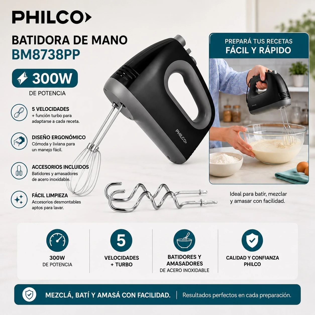 BATIDORA DE MANO PHILCO BM8738PP 300W NEGRO