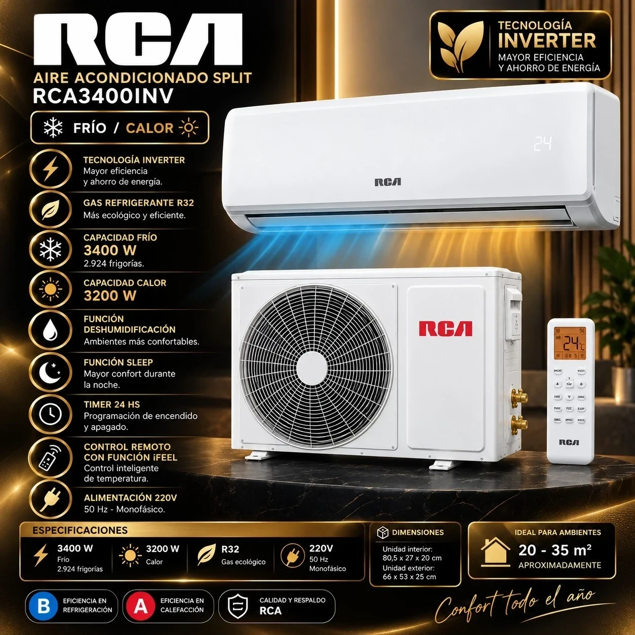 AIRE ACONDICIONADO RCA SPLIT FRIO/CALOR 3400W INVERTER *CONSULTA DISPONIBILIDAD CON EL VENDEDOR*