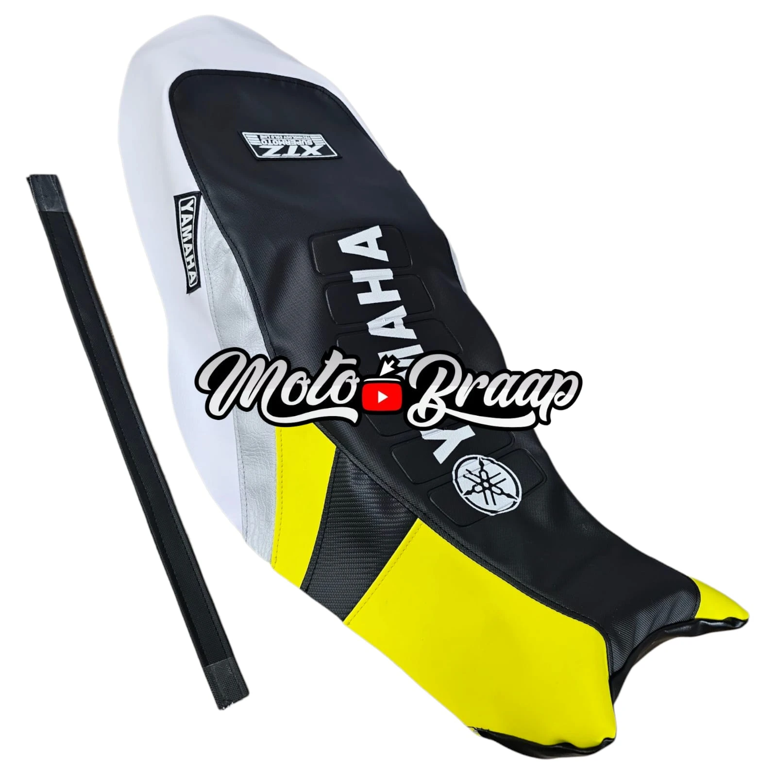 TP XTZ 150 Tapizado triangulos amarillo con blanco letrero en medio