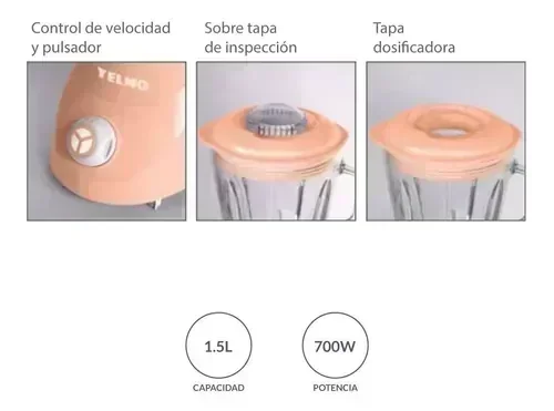 Licuadora Yelmo LC-1010 1.5L Rosa Jarra de Vidrio 220V 3