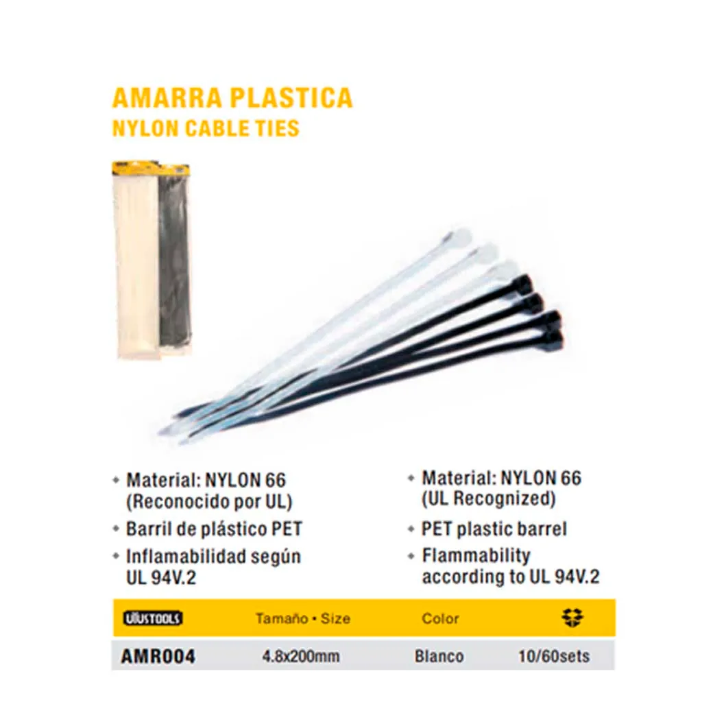 PRECINTO (Amarra) PLASTICO Blanco UYUST 4.8x200mm (100pz/bol)