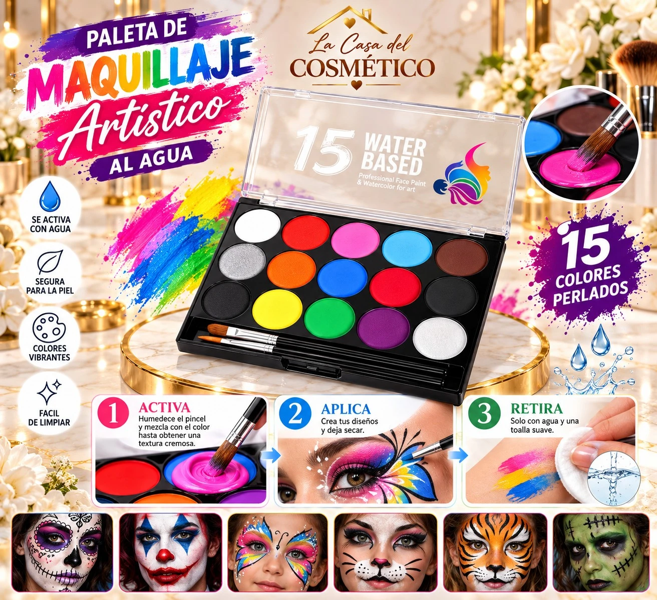 lumera paleta de pintura facial al agua 15 colores perlados