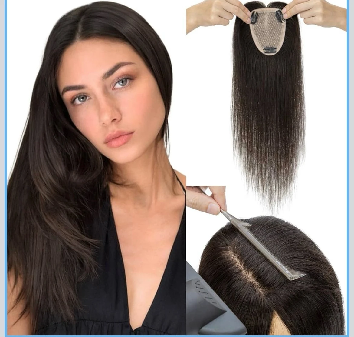 Toppers de cabello humano con raya libre, base de 3.5 x 4.7 pulgadas, 14 pulgadas tejido a mano, postizos 100% reales, con clips invisibles para mujeres