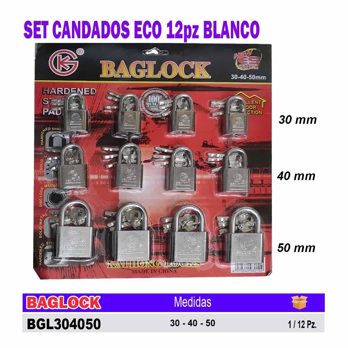 SET CANDADOS ECO 12pz BLANCO Cuadrado 30 40 50