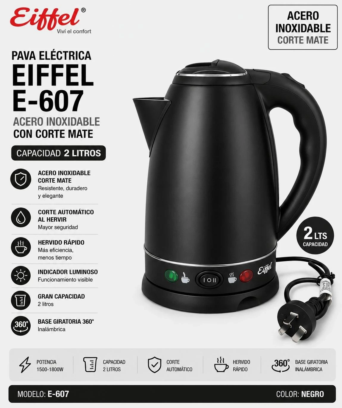 PAVA EIFFEL ACERO INOXIDABLE C/CORTE MATE 2LTS NEGRA