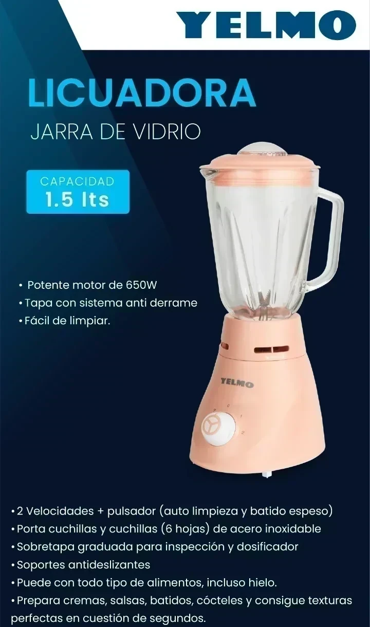 LICUADORA YELMO 1.5 LT ROSA CON JARRA DE VIDRIO 