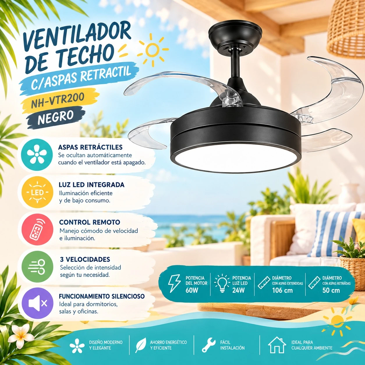 VENTILADOR DE TECHO CON ASPAS RETRÁCTILES NH-VTR200 – NEGRO