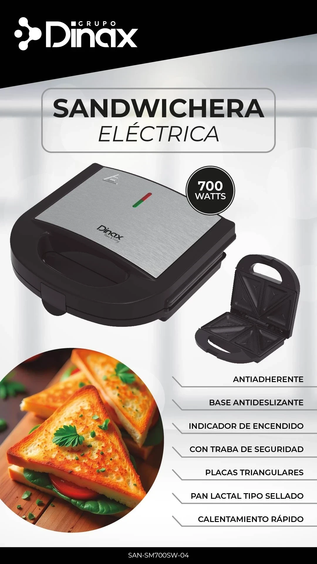 SANDWICHERA ELECTRICA DINAX ANTIADHERENTE 700W 