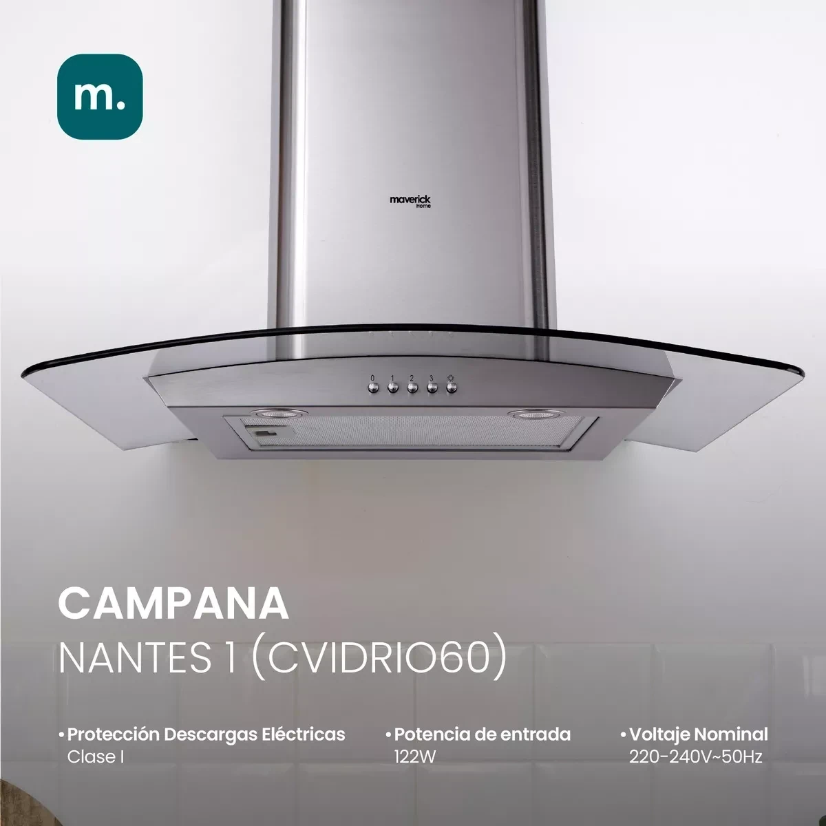 Campana Extractor Purificador de Cocina Premium Vidrio y Acero Inoxidable 60cm Maverick