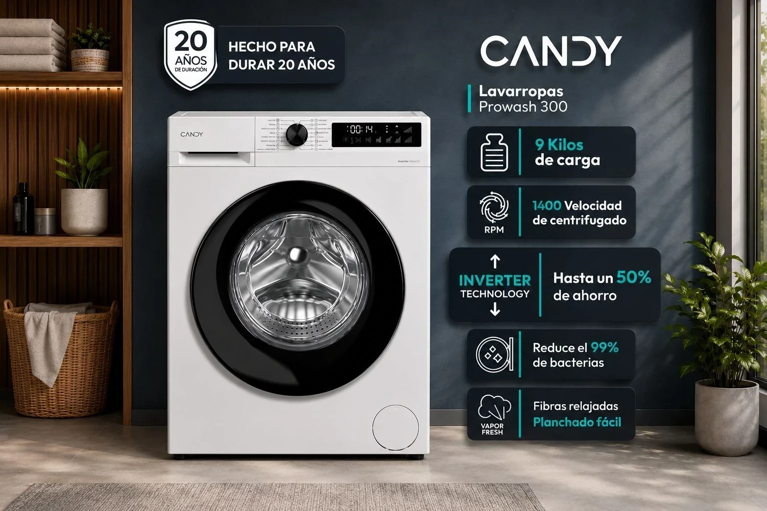 LAVARROPAS CANDY GD 49B8 PROWASH 300 9 kg BLANCO INVERTER ‼️SOLO POR PEDIDOS‼️