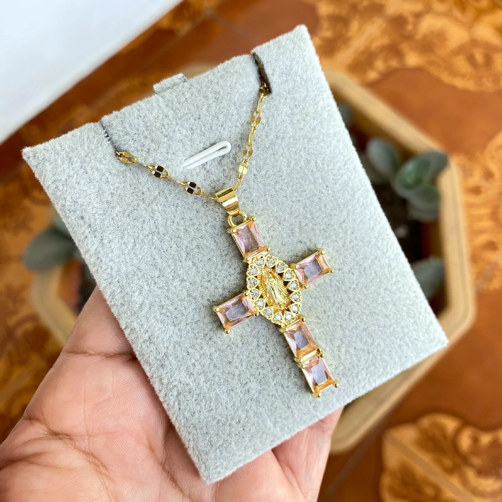 Cadena Y Dije En Acero Con Piedra Circon De Cruz Corazones Virgen De Guadalupe Rosa 3