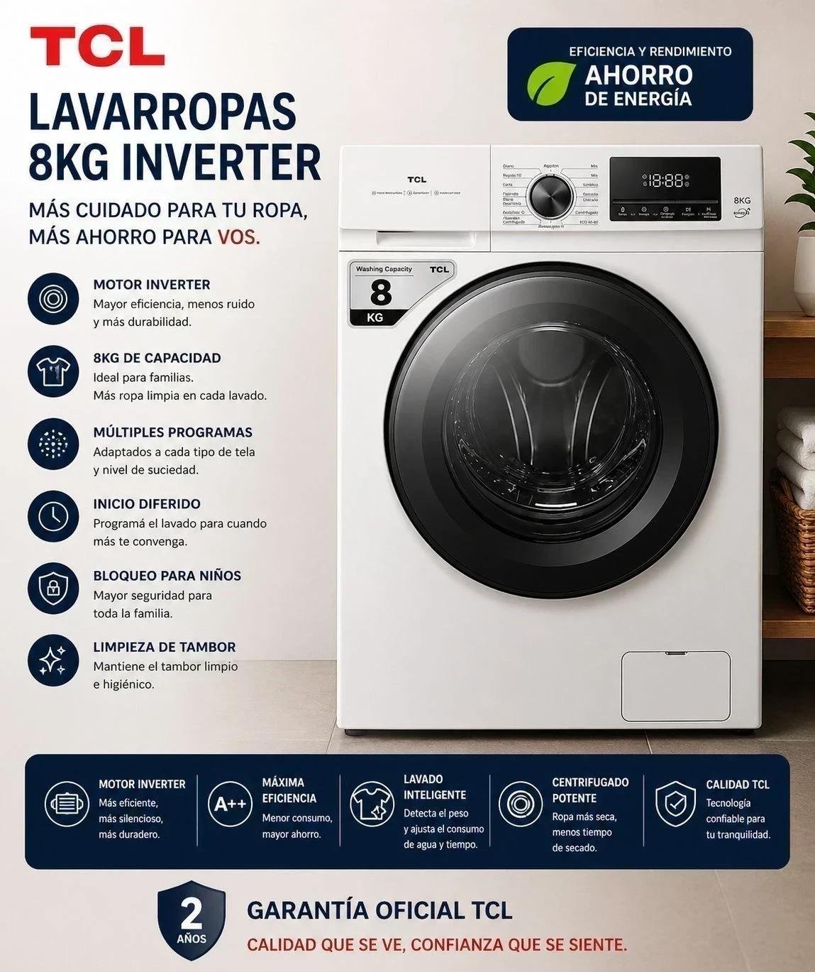 LAVARROPAS TCL 8KGL INVERTER BLANCO