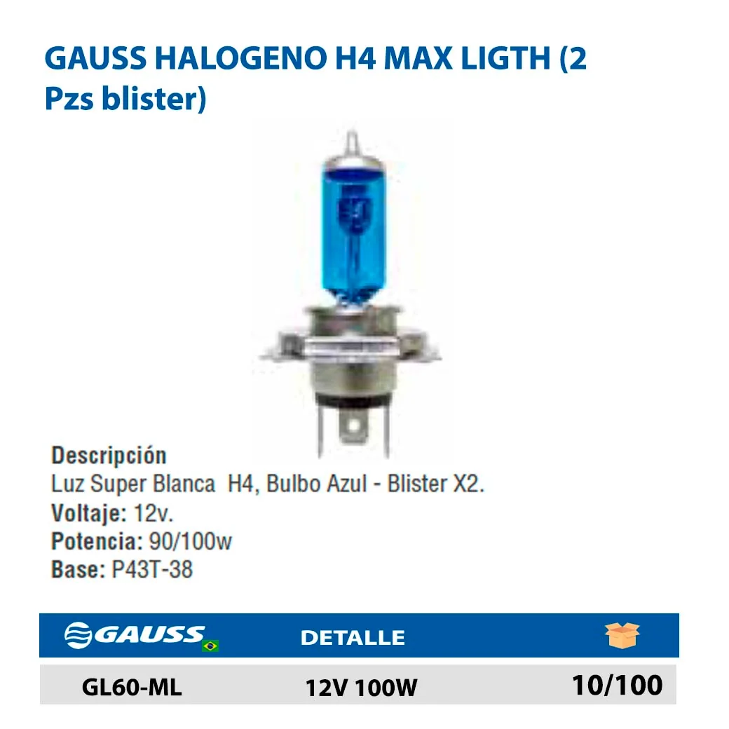 GAUSS HALOGENO H4 MAX LIGTH (2 Pzs blister) 12V 100W