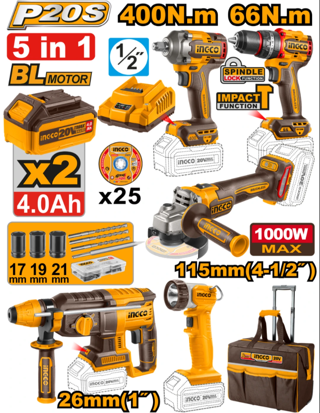 KIT A BATERÍA 20V P20S 5PCS BRUSHLESS MOTOR C/BATERÍAS, CARGADOR, BOLSO Y ACCESORIOS INGCO CKLI2059