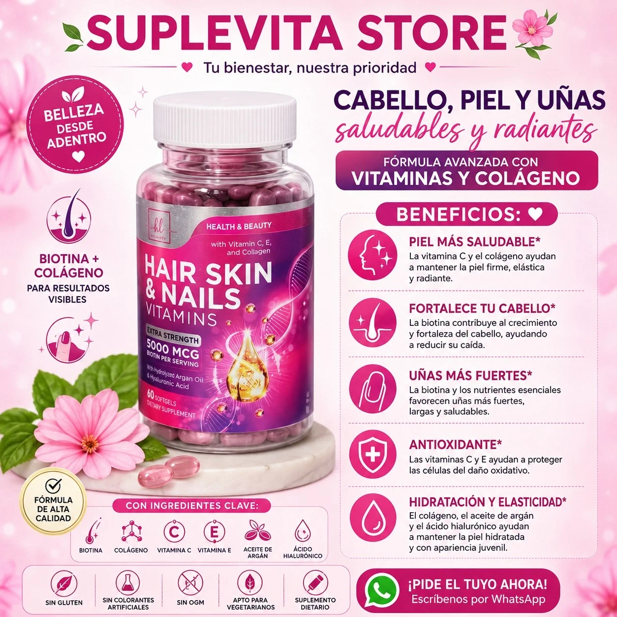Hair Skin & Nails Vitamins (Biotina + Colágeno)