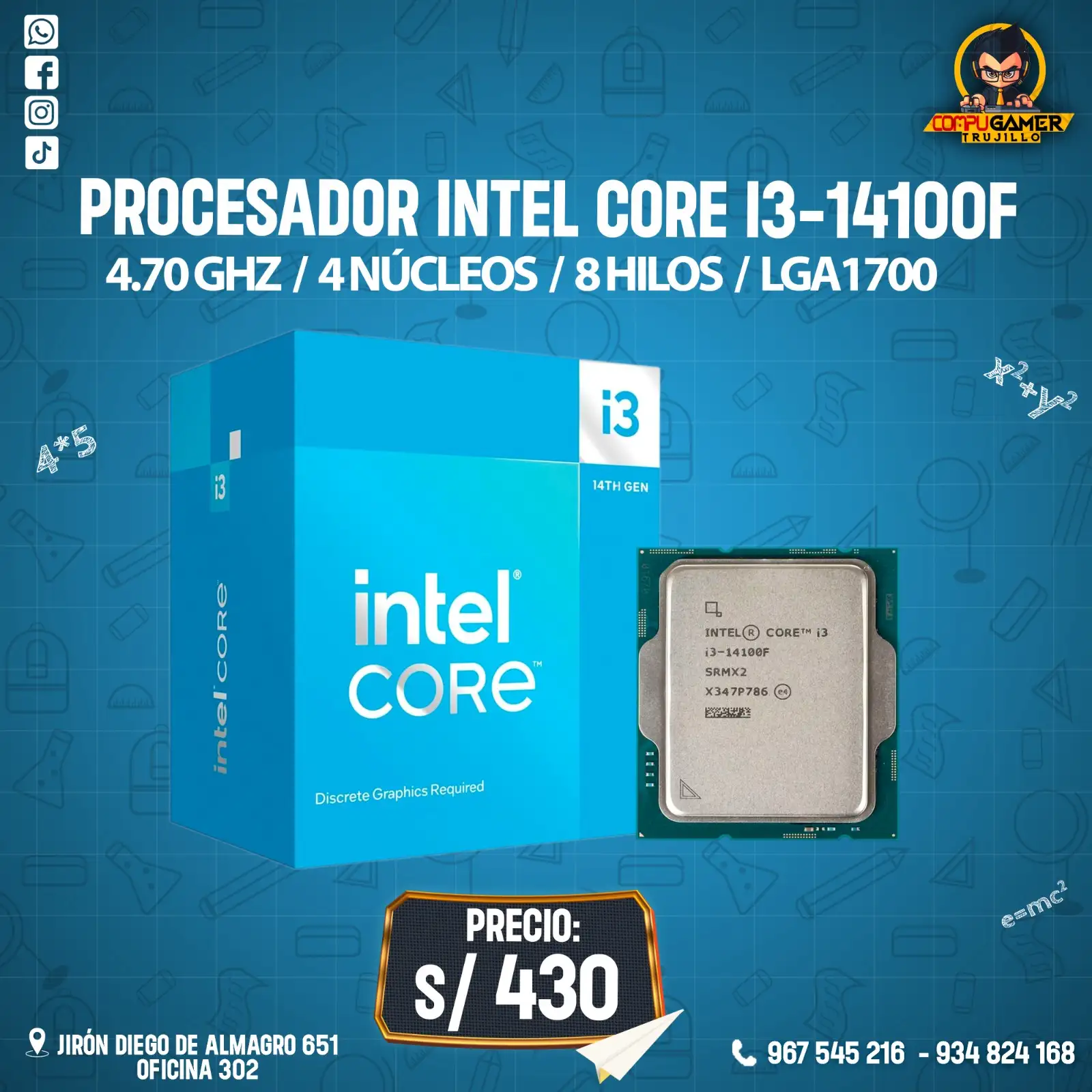 PROCESADOR INTEL CORE I3-14100F, 4.70GHZ, 4 NÚCLEOS, 8 HILOS, LGA1700