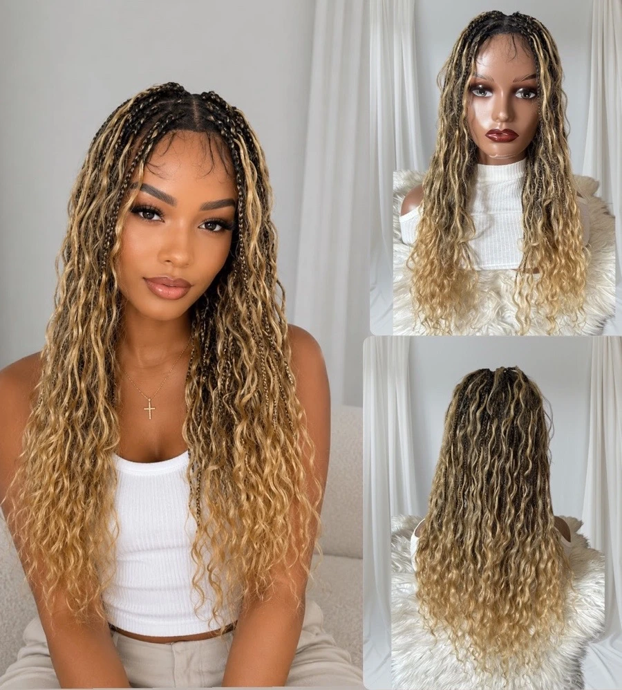peluga Bohemia de cabello humano con trenzas sinteticas, 24 pulgafas, feontal 360