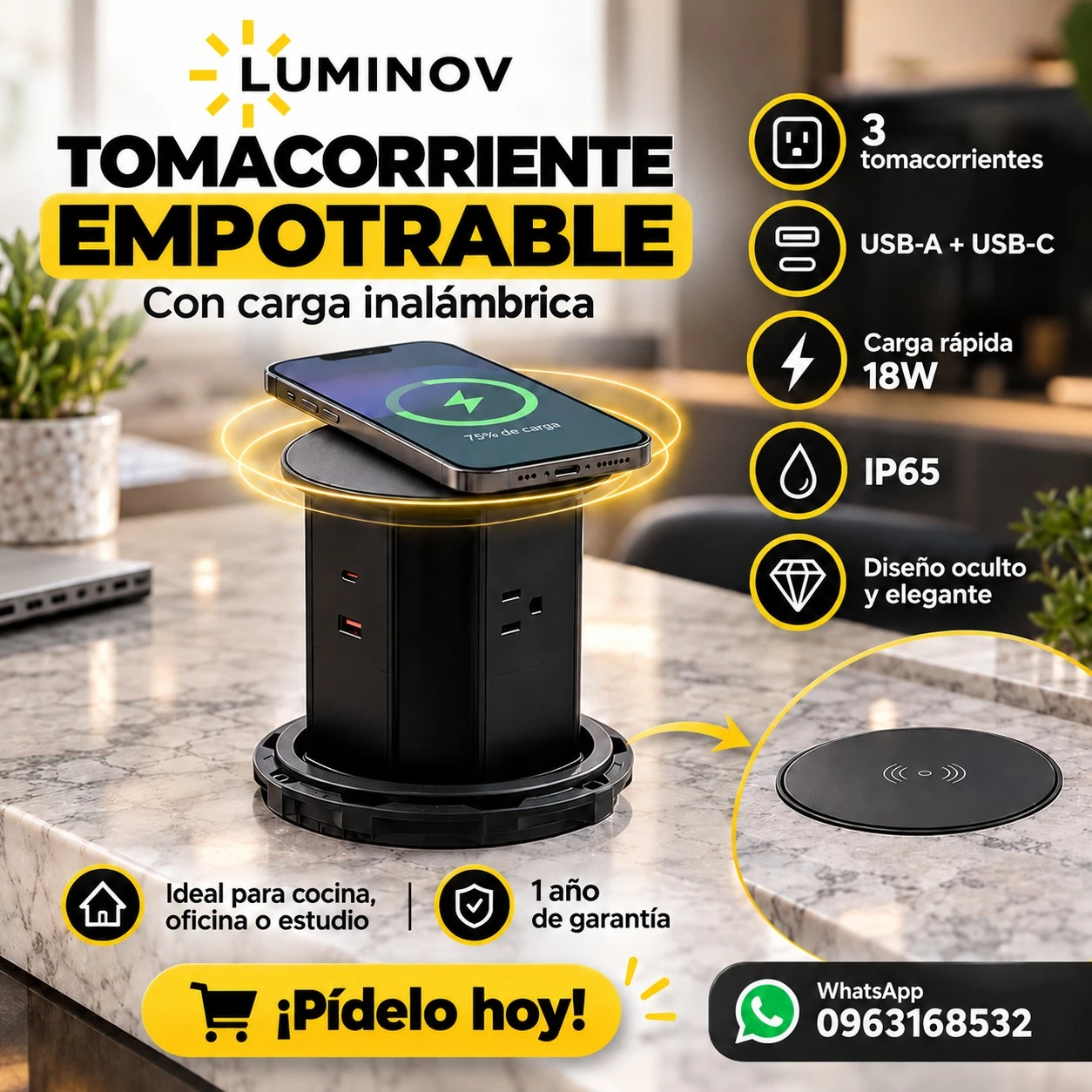 TOMACORRIENTE DE MESA EMPOTRABLE CON CARGA INALÁMBRICA 3 TOMACORRIENTES USB+C (CARGA RAPIDA) INPUT 110-265V AC OUT 18W IP65 CORTE 12CM M:22.5X15CM 7