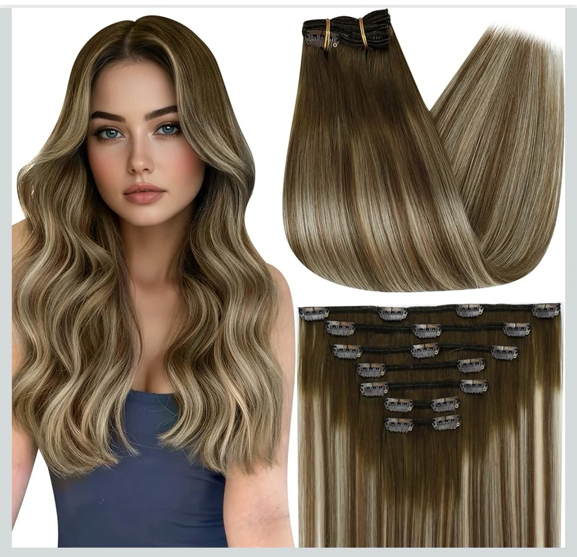  Extensiones de clip de cabello humano Remy, extensiones doble capa - Ombré color 3 con raíces oscuras a castaño cenizo 8 y rubio claro 22, 7 piezas, 18 pulgadas, 120g 