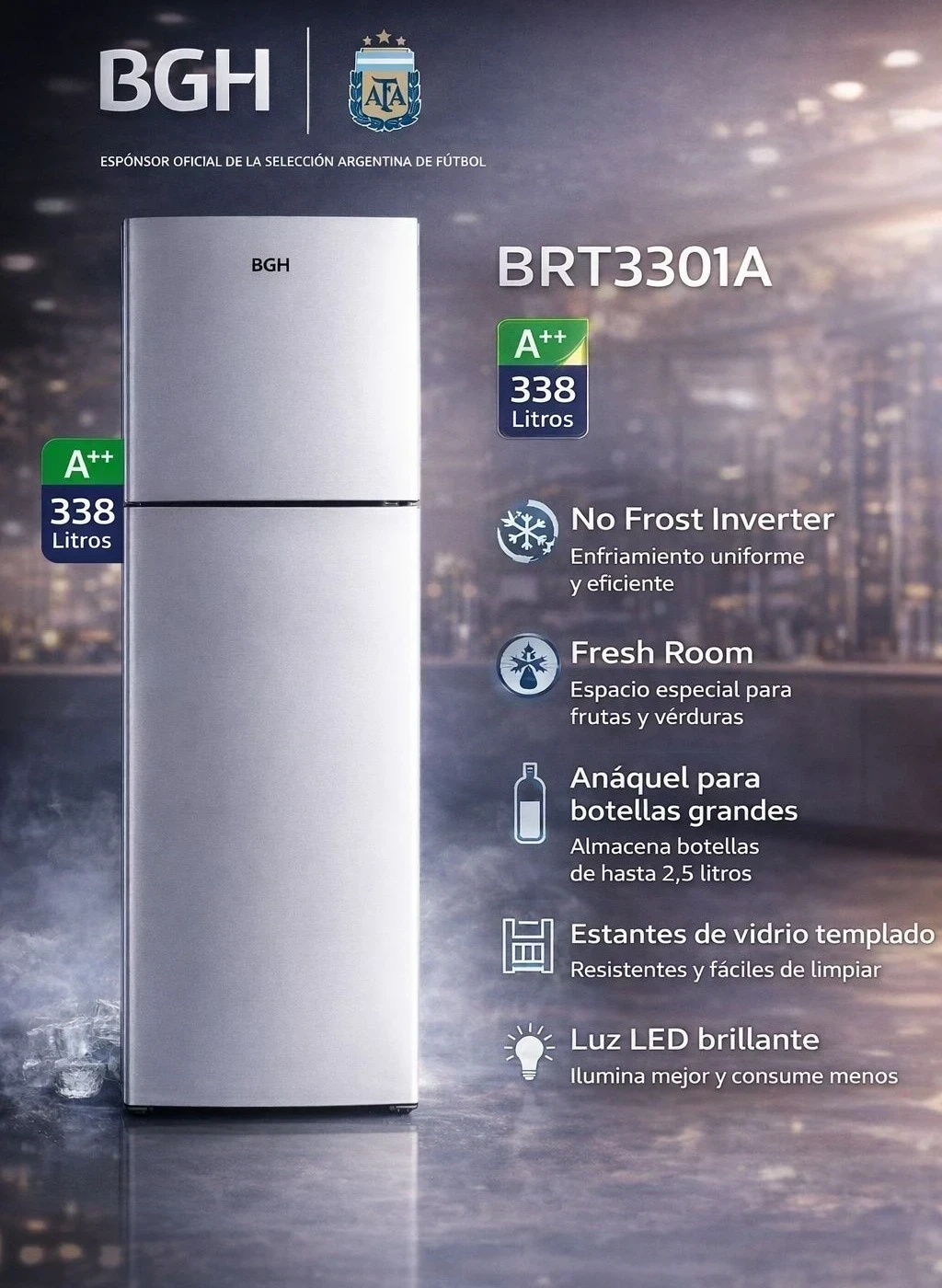 HELADERA BGH BRT330L1A 338 LTS INVERTER SILVER NO FROST*