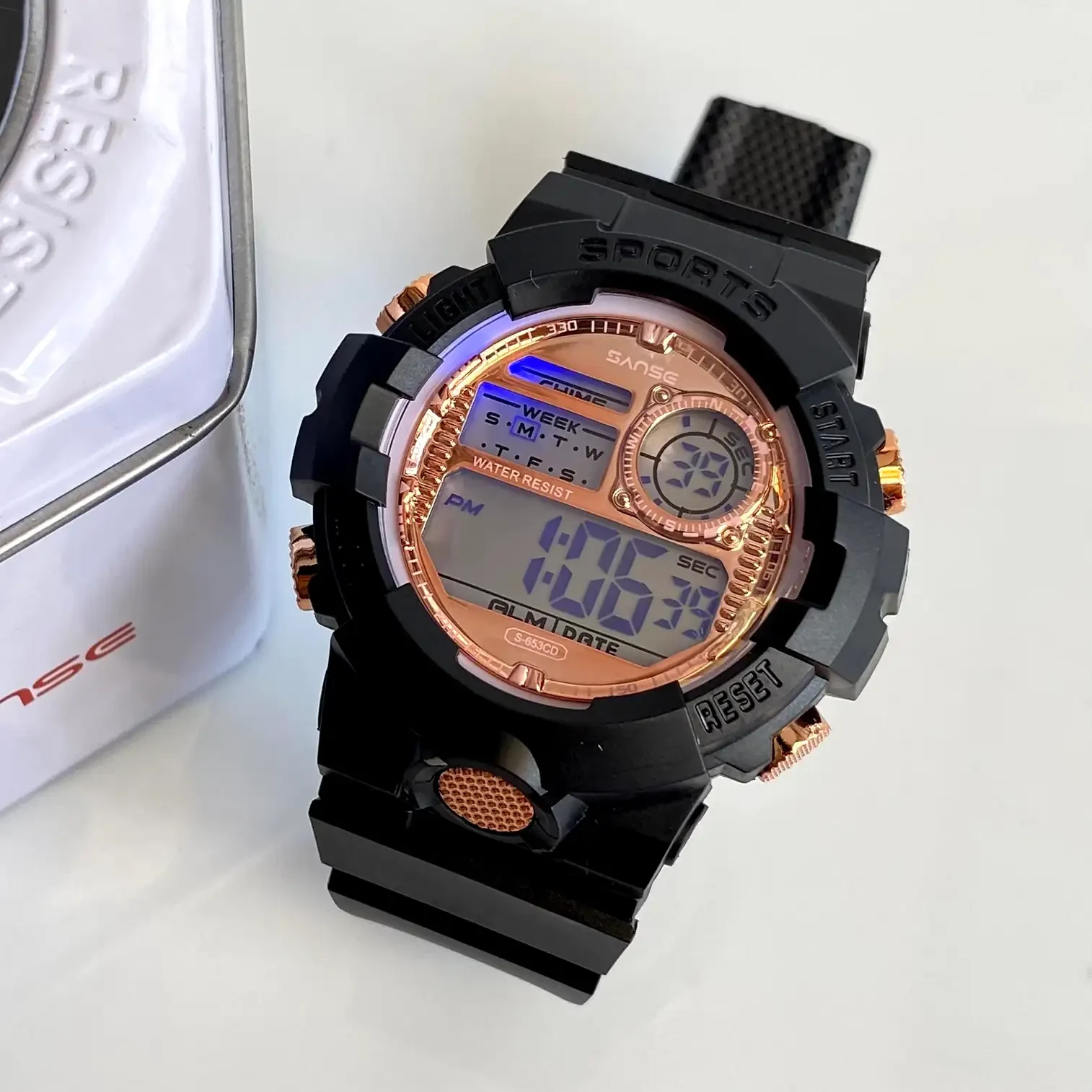 Reloj Deportivo Digital Sumergible Negro Oro Rosa 3