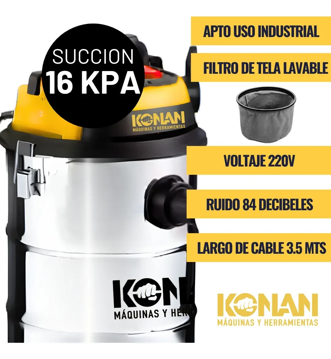 ASPIRADORA SOPLADORA INDUSTRIAL KONAN 1400W 30LTS POLVO Y LIQUIDO INOXIDABLE 3